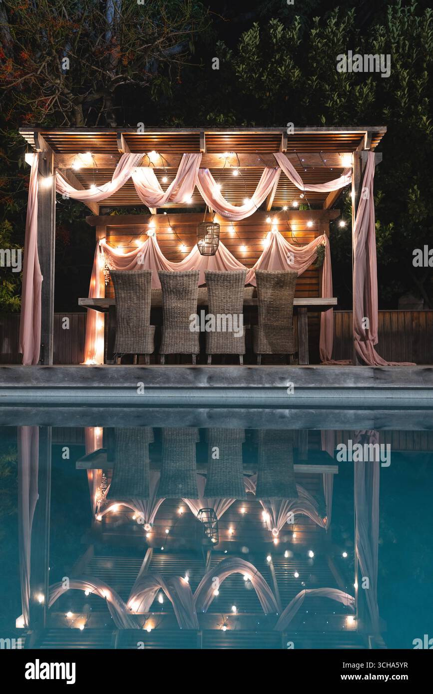 Eleganter Speisesaal im Freien mit drapierter Pergola und Ambiente-Beleuchtung am Pool. Eleganz, Luxus, Terrasse, Beleuchtung, Atmosphäre, Garten Stockfoto