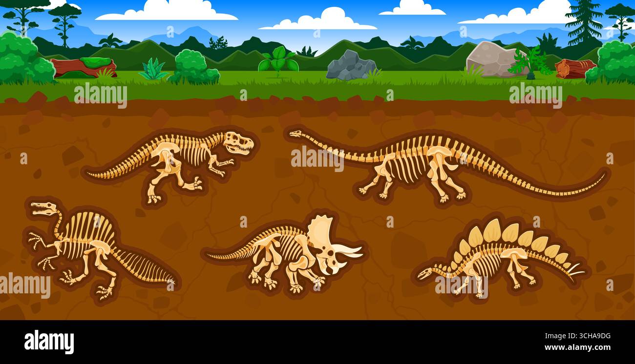 Archäologie und Paläontologie, Dinosaurierfossilien in Bodenschichten. Paläontologisches Vektorkonzept mit Skelettknochen Tyrannosaurus, Oouranosaurus, triceratops, Dravidosaurus und Brontosaurus Dinosaurier Stock Vektor