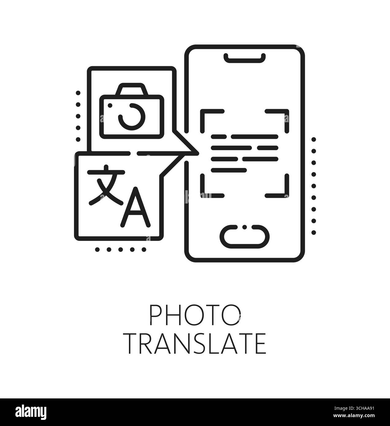 Symbol oder Zeichen für die Übersetzung eines Fotos in englischer Sprache. Fremdsprache Vokabelvektor-Symbol, englische Sprache übersetzen Zeichen. Symbol für die Sprachübersetzung mit Text-App auf dem Smartphone-Bildschirm Stock Vektor
