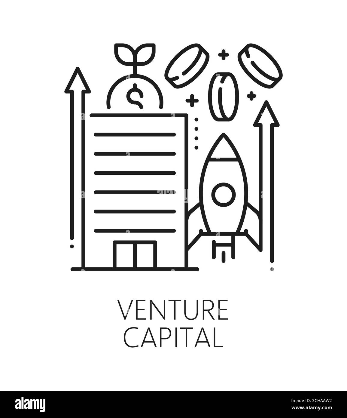 Investment Venture Capital, Symbol oder Zeichen für Geschäftsbereiche. Börsenhandel Startup-Vektor-Symbol, Anlegerfonds-Piktogramm. Capital Investment Company Symbol mit Wolkenkratzergebäude, Raketenraumschiff Stock Vektor