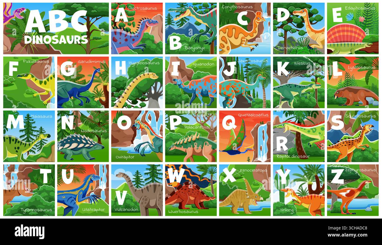 Prähistorische Dinosaurier-Kinder-Alphabet mit Zeichentrickfiguren im Dschungelwald. englische Vektorbuchstaben mit süßen jurassischen Reptilien. Kinderpädagogungsplakat mit Dinosaurier abc Stock Vektor