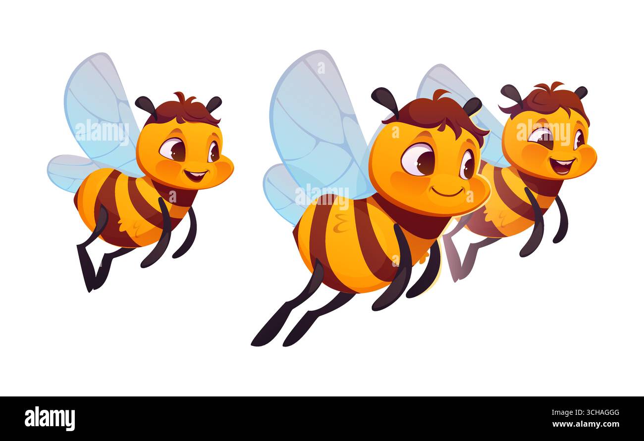 Cartoon-Honigbienen-Charaktere Familie. Vektor fröhliche Bienen fliegen in Formation mit hellgelben Körpern, blauen Flügeln und freundlichen Ausdrücken, die Teamarbeit, Natur und Bestäuber im Garten symbolisieren Stock Vektor