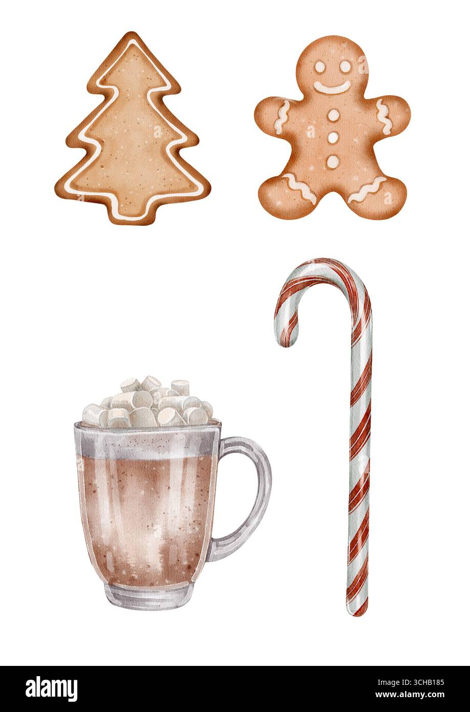 Aquarellillustration von weihnachtlichen Elementen: Kakao mit Marshmallows, Lebkuchen in Baum- und Mannform und Zuckerrohr. Perfekt für einen Urlaub Stockfoto