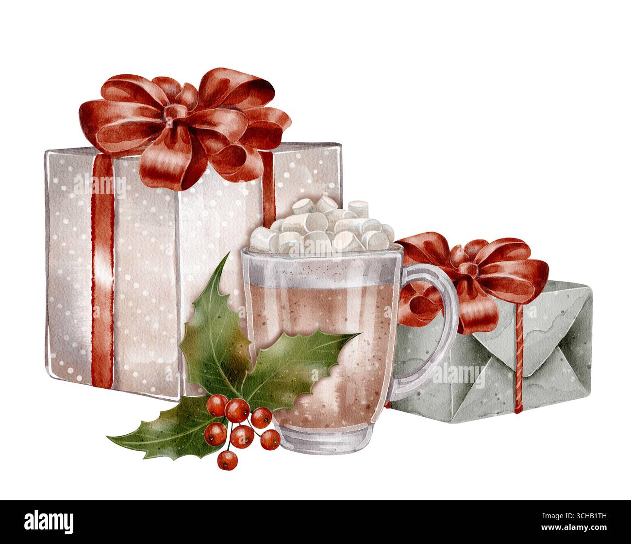 Aquarellillustration von Geschenken mit roten Bändern, Kakaotassen mit Marshmallows und stechpalmenzweigen auf weißem Hintergrund, für Weihnachtskartendesign, Verpackung, Menü, Neujahr und Weihnachtsdekor. Stockfoto