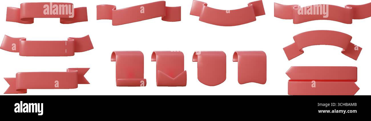 Rotes Band. 3D-Bannerfahne, Verkaufs-Tag-Titel oder Werbe-Label-Band. Farbiges Bandschild, dekorative Streifenelemente im Wellenrahmen. Leere gekrümmte Bänder. Glanzzeichen rendern. Vektor-isolierter Satz Stock Vektor