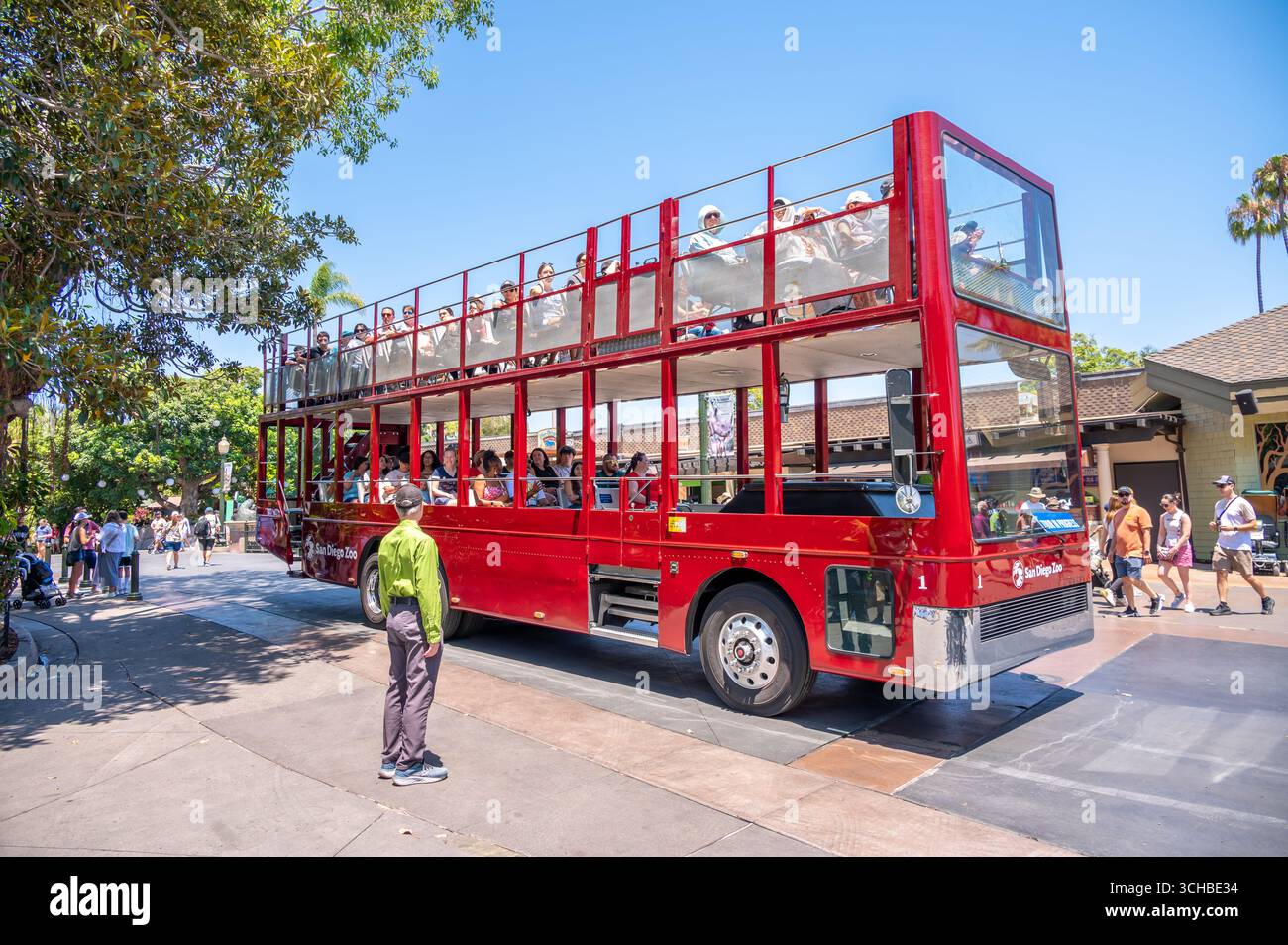 San Diego, Kalifornien - 8. August 2025: San Diego Zoo Tour Bus durch den berühmten San Diego Zoo. Stockfoto