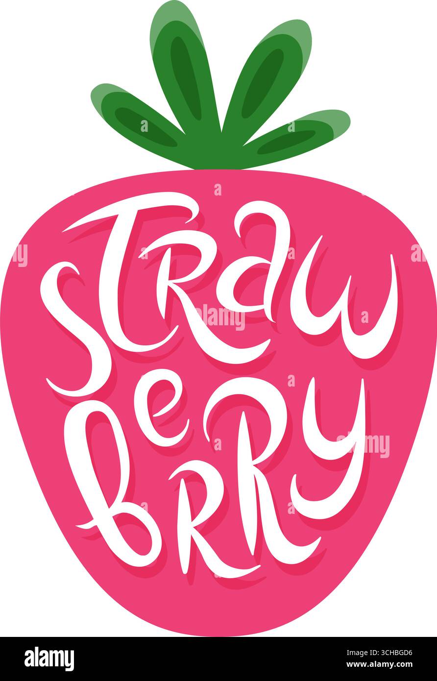 Eine leuchtend rosa Erdbeere mit stilvollem, handschriftlichem Erdbeertext, perfekt für Sommermotive, Food Branding oder verspielte Illustrationen. Stock Vektor