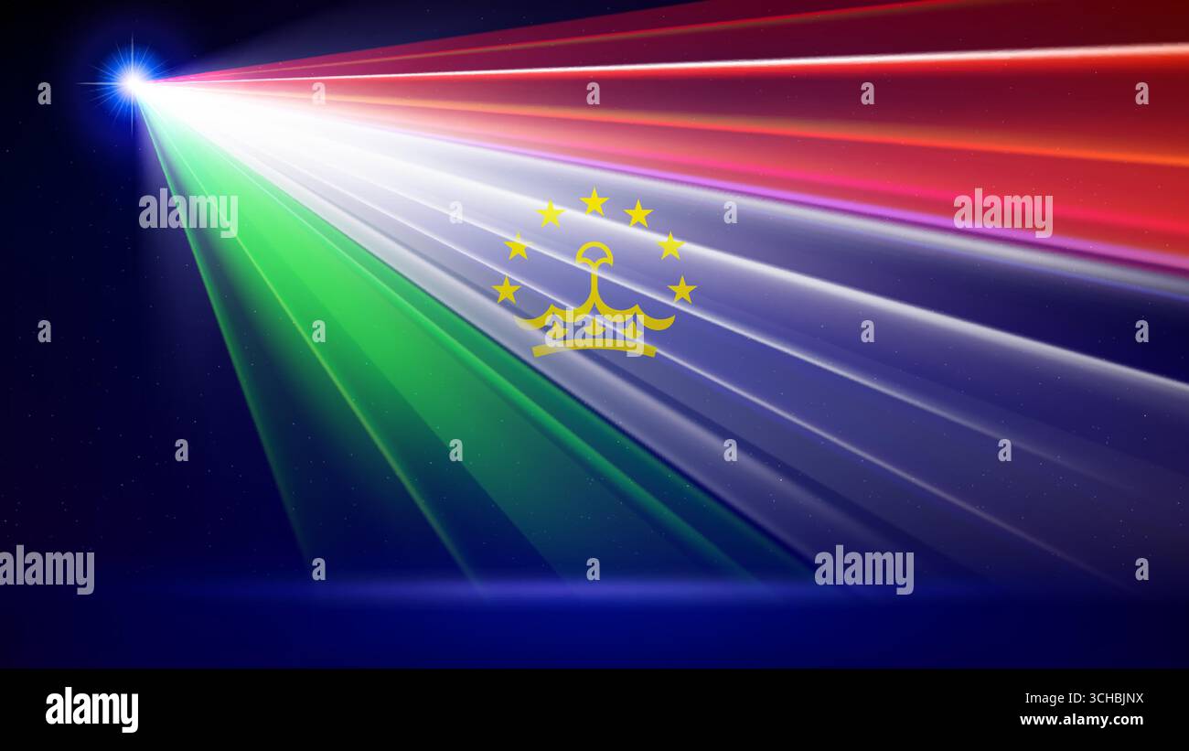 Laserflagge von tadschikistan. Lasershow auf dunkelblauem Hintergrund. Tadschikische Nationalflagge. Mehrfarbiges Vorlagenbanner, Poster für den Nationalfeiertag Stock Vektor