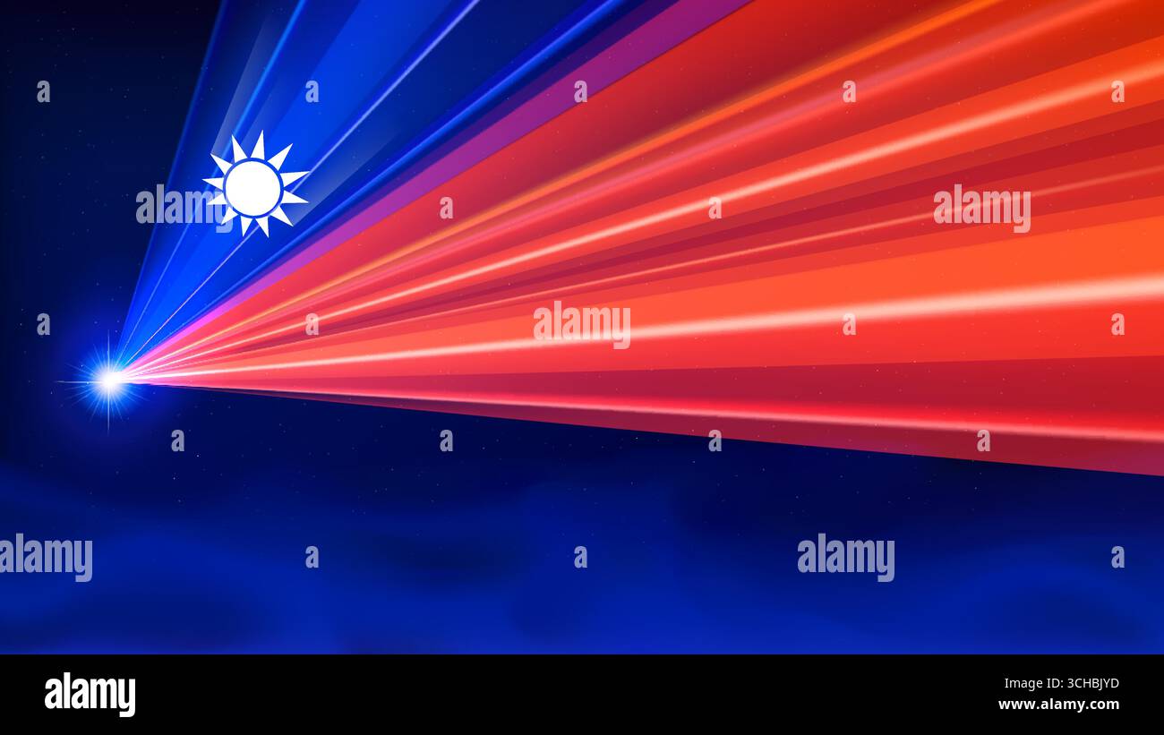 Laserflagge von taiwan. Lasershow auf dunkelblauem Hintergrund. Abstrakte taiwanesische Nationalflagge. Mehrfarbige Vorlage für Banner, Poster für Nationalfeiertag Stock Vektor