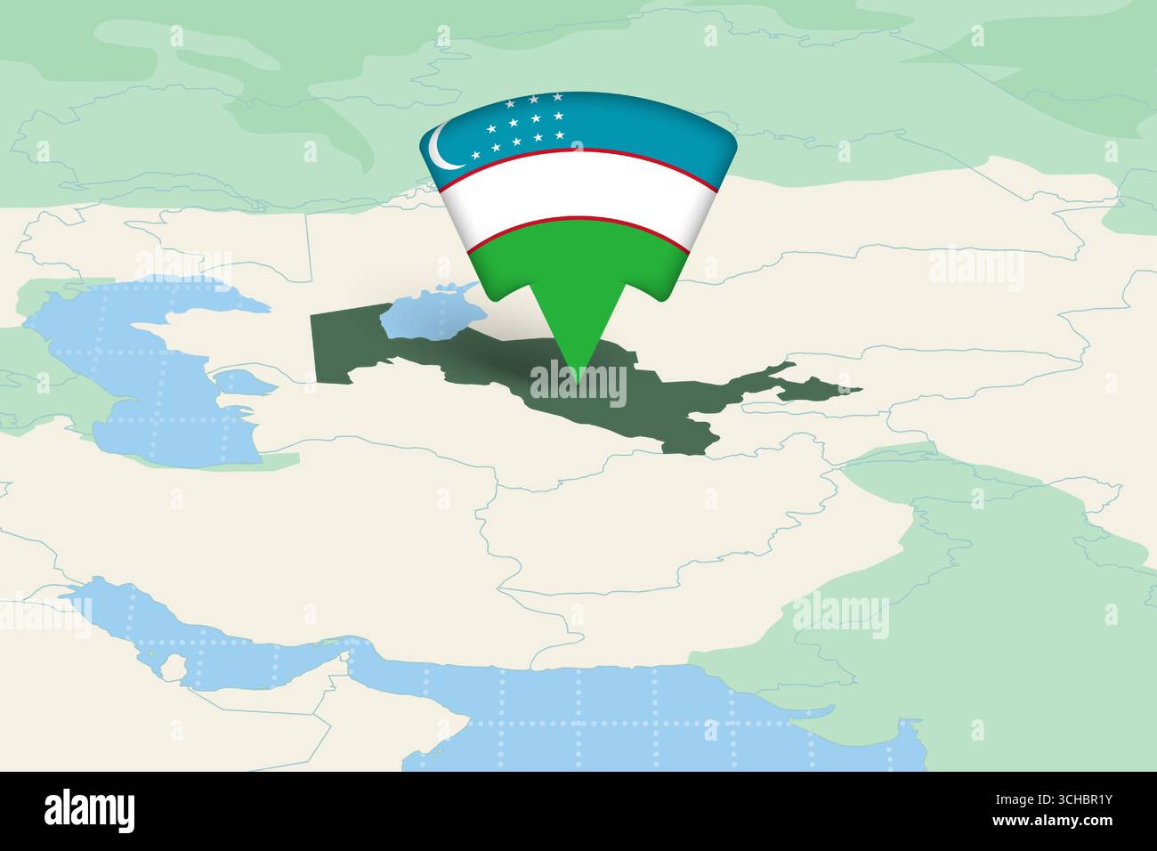Usbekistan Standort auf der asiatischen Karte mit Flaggensymbol hervorgehoben. Detaillierte Vektorkonstruktion. Stock Vektor