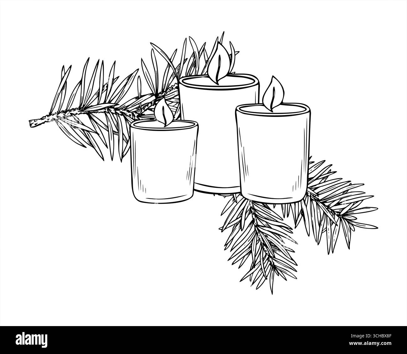 Drei brennende Kerzen in Glasgläsern mit Kiefernzweig monochrome Vektor-Illustration gemalt von schwarzen Tinten. Weihnachtskomposition für die Weihnachtsgestaltung Stock Vektor