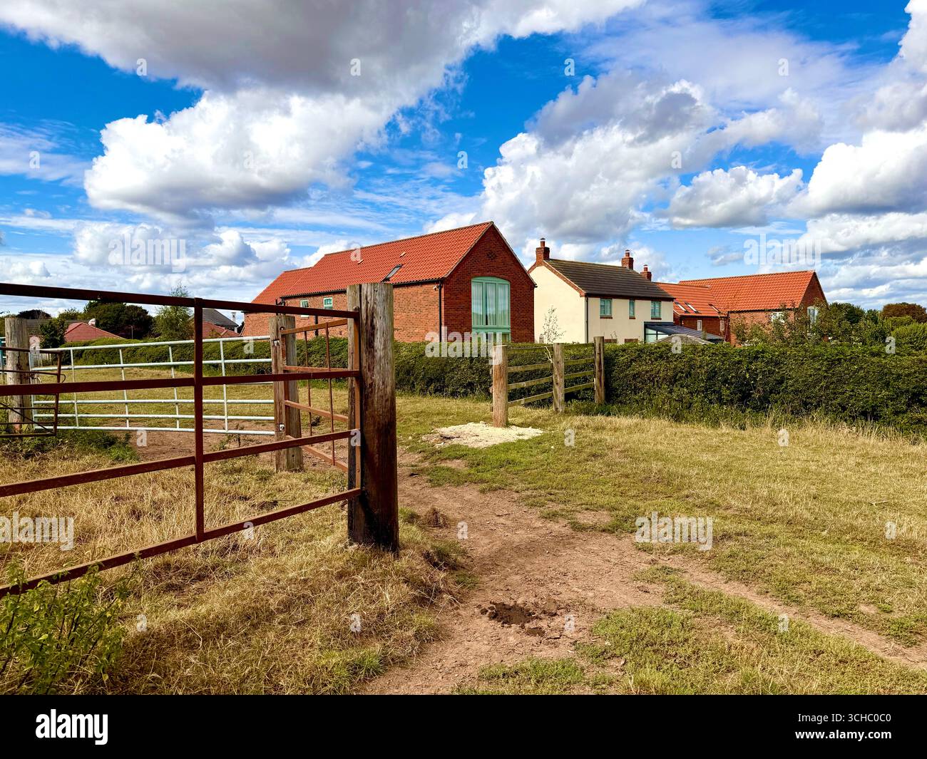 Wohnhäuser in der Nähe von Grüngürtel Ackerland in einem Dorf in England, Großbritannien Stockfoto