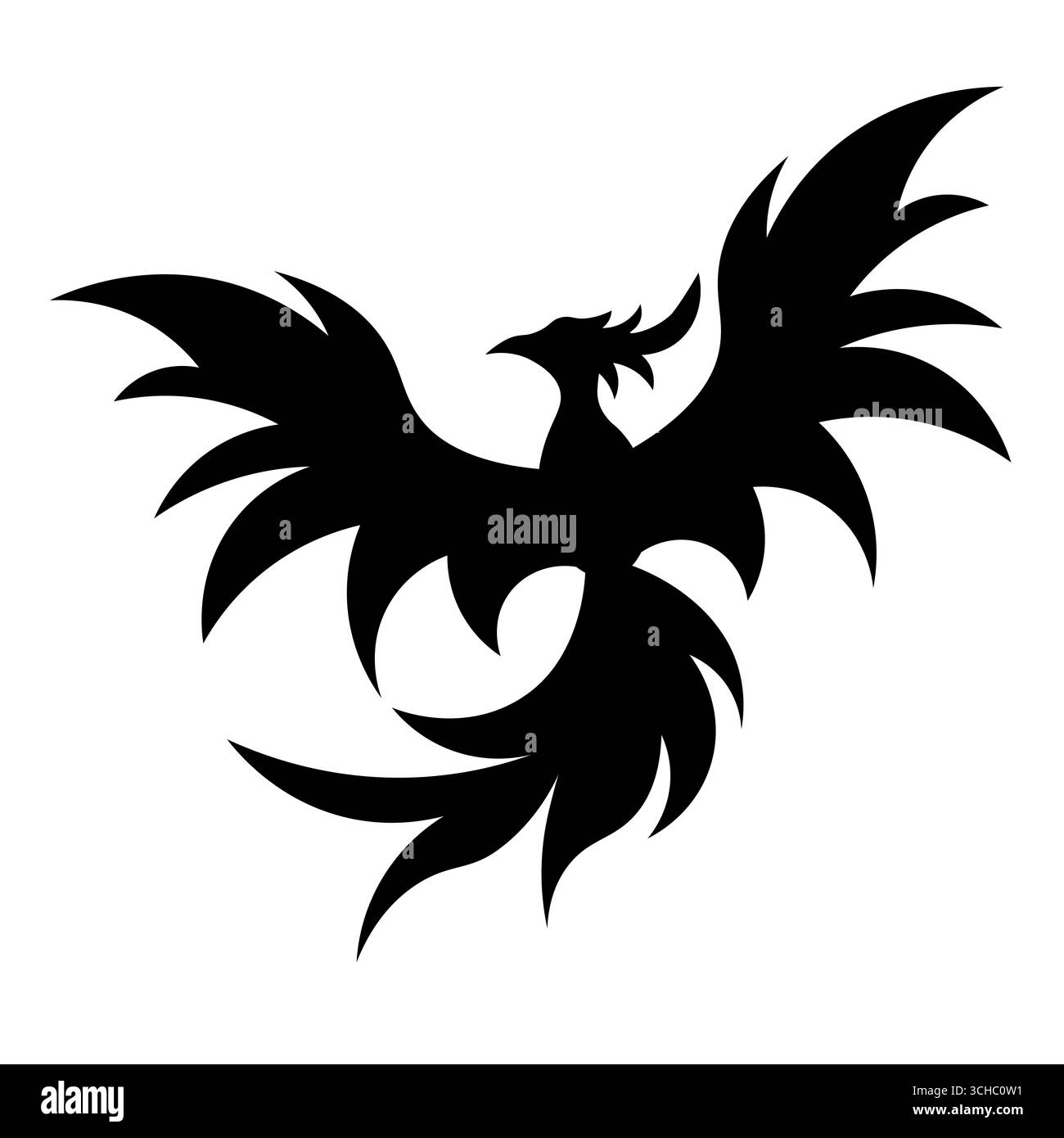 Phoenix Bird. Silhouettendarstellung. Schwarze Silhouette eines majestätischen phönixvogels mit ausgebreiteten Flügeln und dekorativen Federn. Stock Vektor