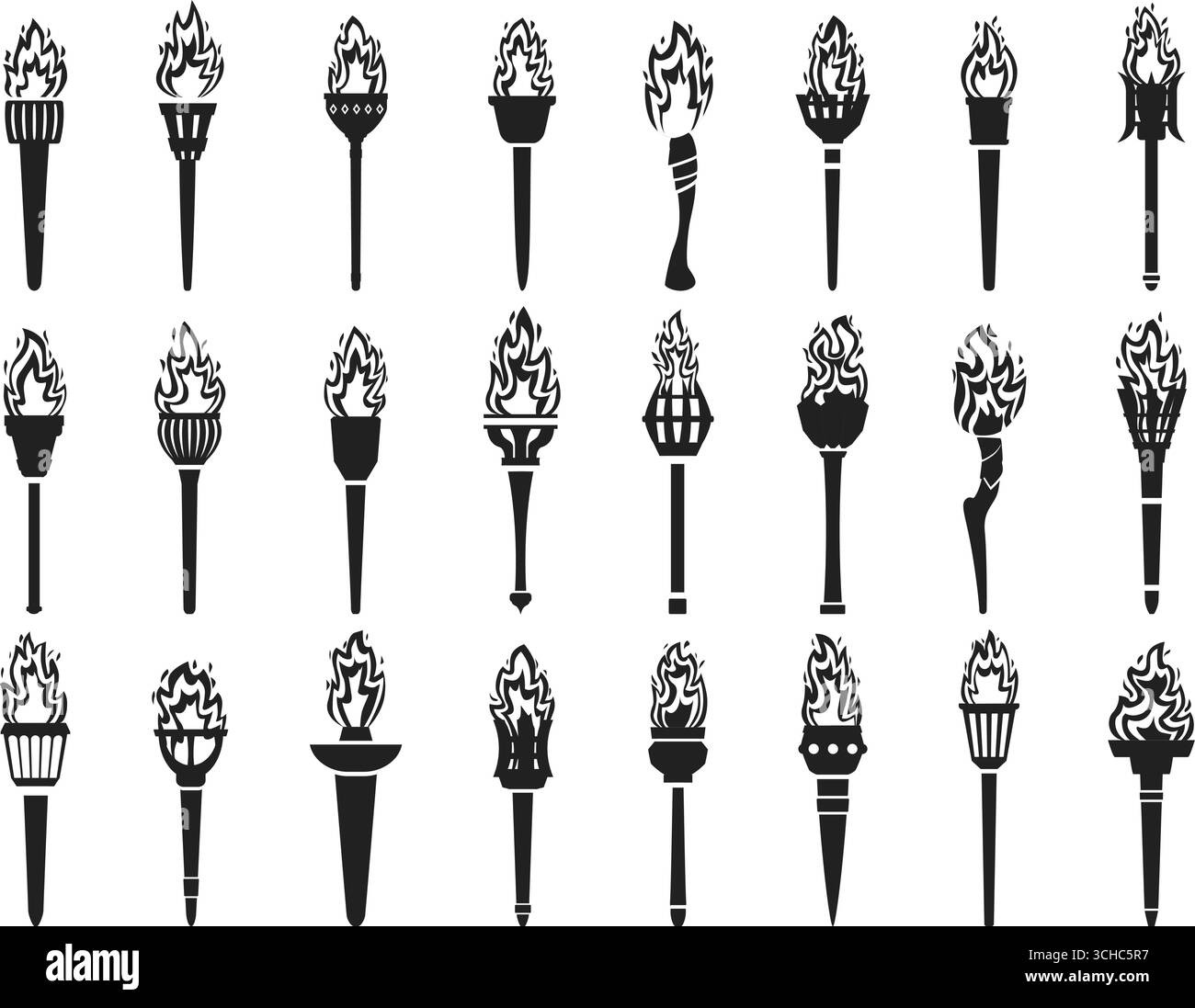 Schwarze Taschenlampen-Silhouetten. Verschiedene Taschenlampen, Taschenlampe für Innenbeleuchtung. Weltweites olympisches Sportsymbol, brennendes Feuer auf Stöcken. Isolierter Sapidvekt Stock Vektor