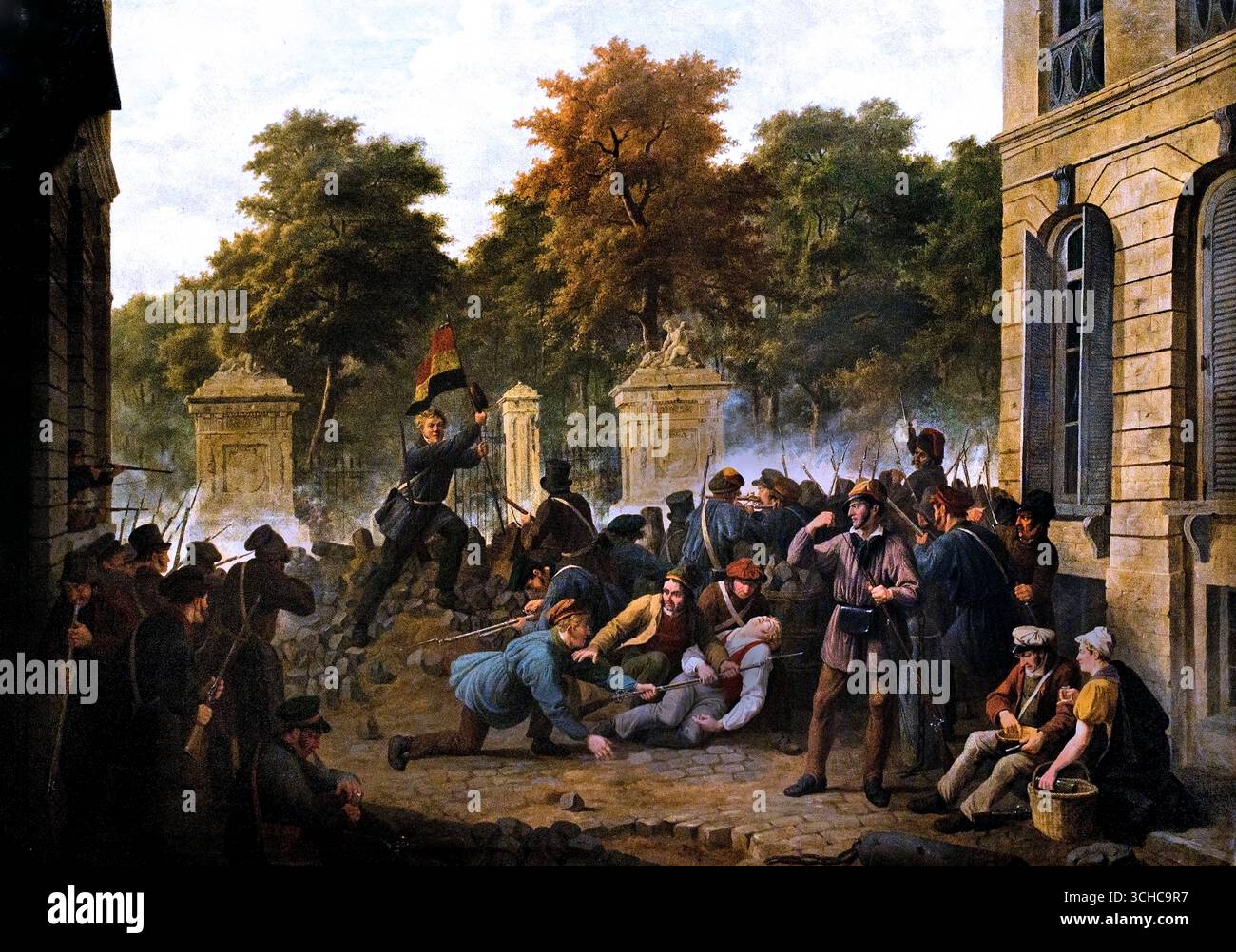 Schauplatz der Revolution von 1830 von Constantin Fidèle Coene 1779-1841 Flämisch-belgisches Belgien (die Revolution von 1830, auch Julirevolution genannt, war eine Volksrebellion in Frankreich, die König Karl X. stürzte und ihn durch seinen Cousin Louis-Philippe ersetzte. Sie wurde durch Charles X. restriktive Verordnungen ausgelöst, die die Verfassung und die beschränkten Freiheiten in Frage stellten. Die darauf folgenden drei Tage dauernden Kämpfe in Paris führten zur Abdankung von Karl X. und zur Errichtung einer liberaleren konstitutionellen Monarchie. Der Erfolg der Revolution inspirierte andere liberale Aufstände in ganz Europa, Stockfoto