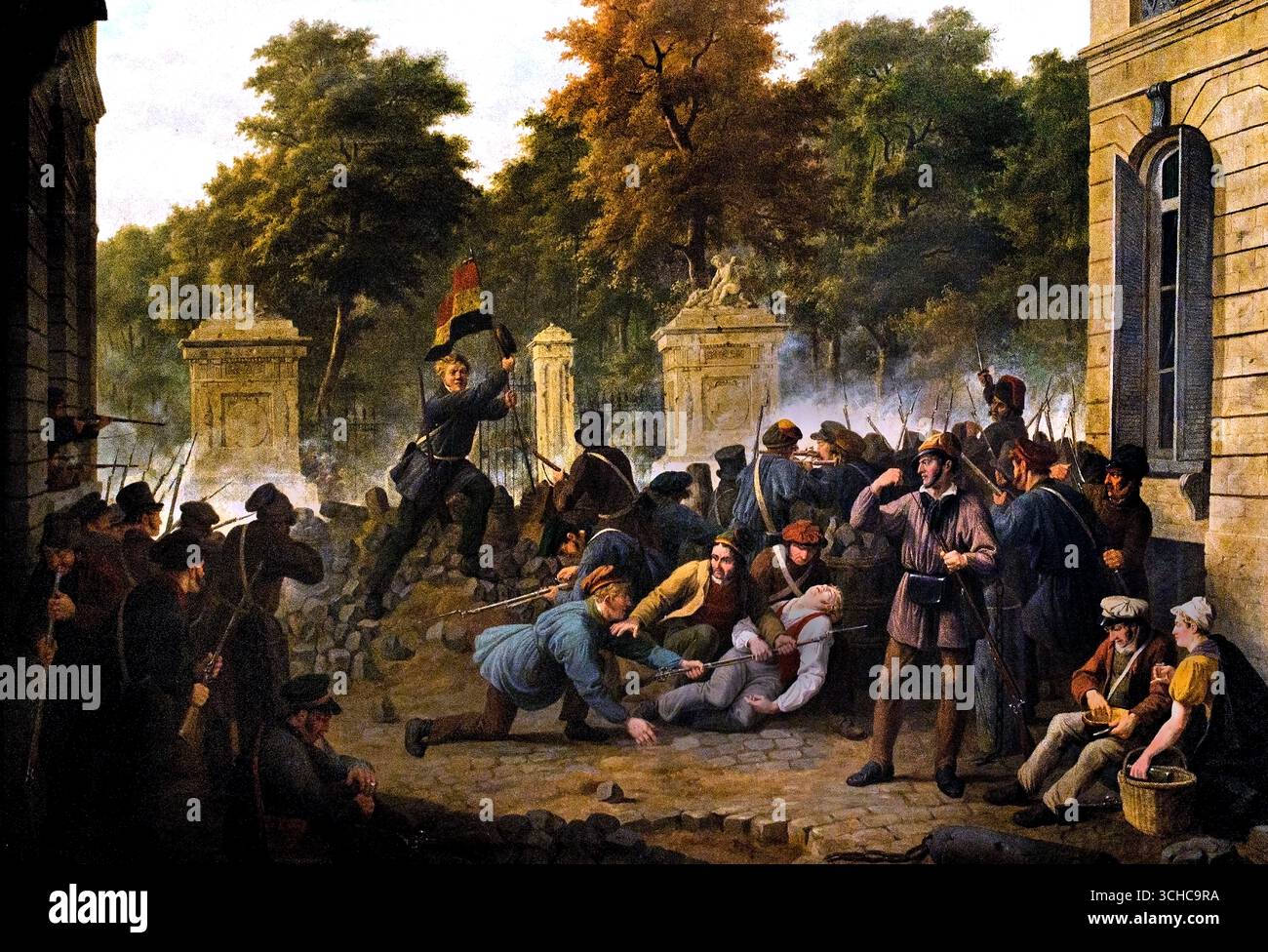 Schauplatz der Revolution von 1830 von Constantin Fidèle Coene 1779-1841 Flämisch-belgisches Belgien (die Revolution von 1830, auch Julirevolution genannt, war eine Volksrebellion in Frankreich, die König Karl X. stürzte und ihn durch seinen Cousin Louis-Philippe ersetzte. Sie wurde durch Charles X. restriktive Verordnungen ausgelöst, die die Verfassung und die beschränkten Freiheiten in Frage stellten. Die darauf folgenden drei Tage dauernden Kämpfe in Paris führten zur Abdankung von Karl X. und zur Errichtung einer liberaleren konstitutionellen Monarchie. Der Erfolg der Revolution inspirierte andere liberale Aufstände in ganz Europa, Stockfoto