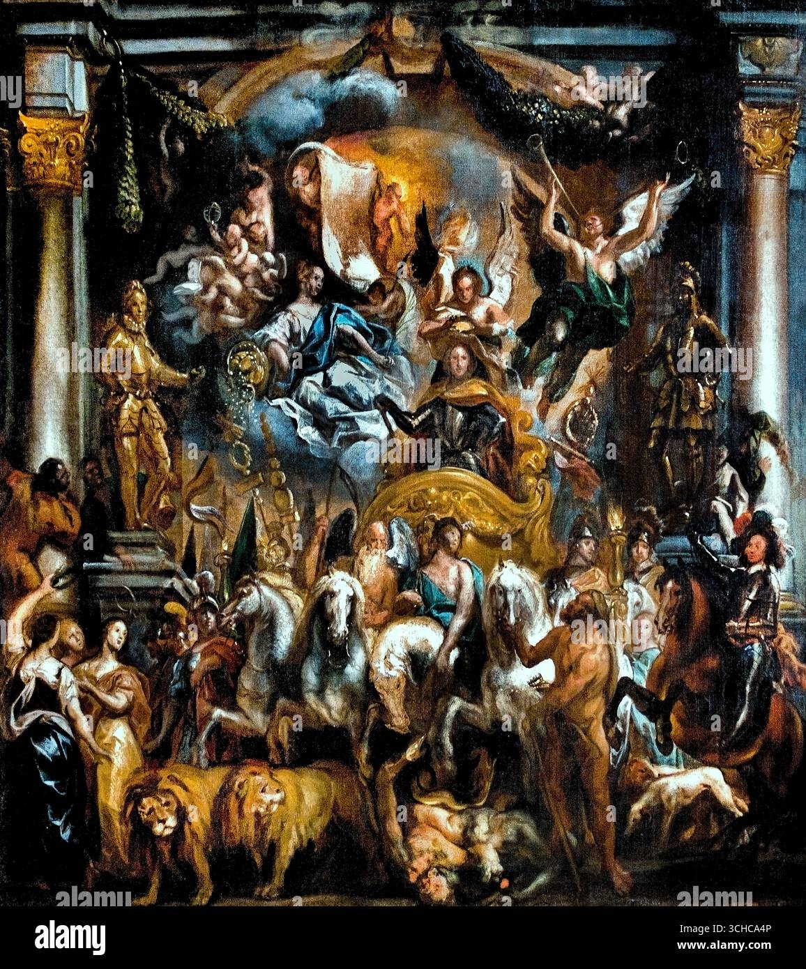 Der Triumph von Prinz Friedrich Heinrich von Nassau (1584–1647) JACOB JORDAENS (1593–1678) Flämisch-belgisches Belgien (Friedrich Heinrich, Prinz von Orange (1584–1647), eine Schlüsselfigur der niederländischen Geschichte. Jordaens schuf dieses triumphale allegorische Gemälde im barocken Stil um 1650–1652, das den siegreichen Prinzen in einem von Pferden gezogenen Wagen mit mythologischen Figuren und Symbolen für Frieden, Wohlstand und militärische Tapferkeit darstellt. Stockfoto