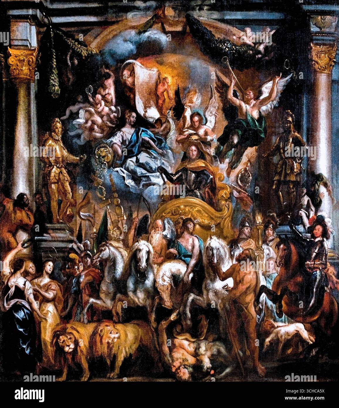 Der Triumph von Prinz Friedrich Heinrich von Nassau (1584–1647) JACOB JORDAENS (1593–1678) Flämisch-belgisches Belgien (Friedrich Heinrich, Prinz von Orange (1584–1647), eine Schlüsselfigur der niederländischen Geschichte. Jordaens schuf dieses triumphale allegorische Gemälde im barocken Stil um 1650–1652, das den siegreichen Prinzen in einem von Pferden gezogenen Wagen mit mythologischen Figuren und Symbolen für Frieden, Wohlstand und militärische Tapferkeit darstellt. Stockfoto