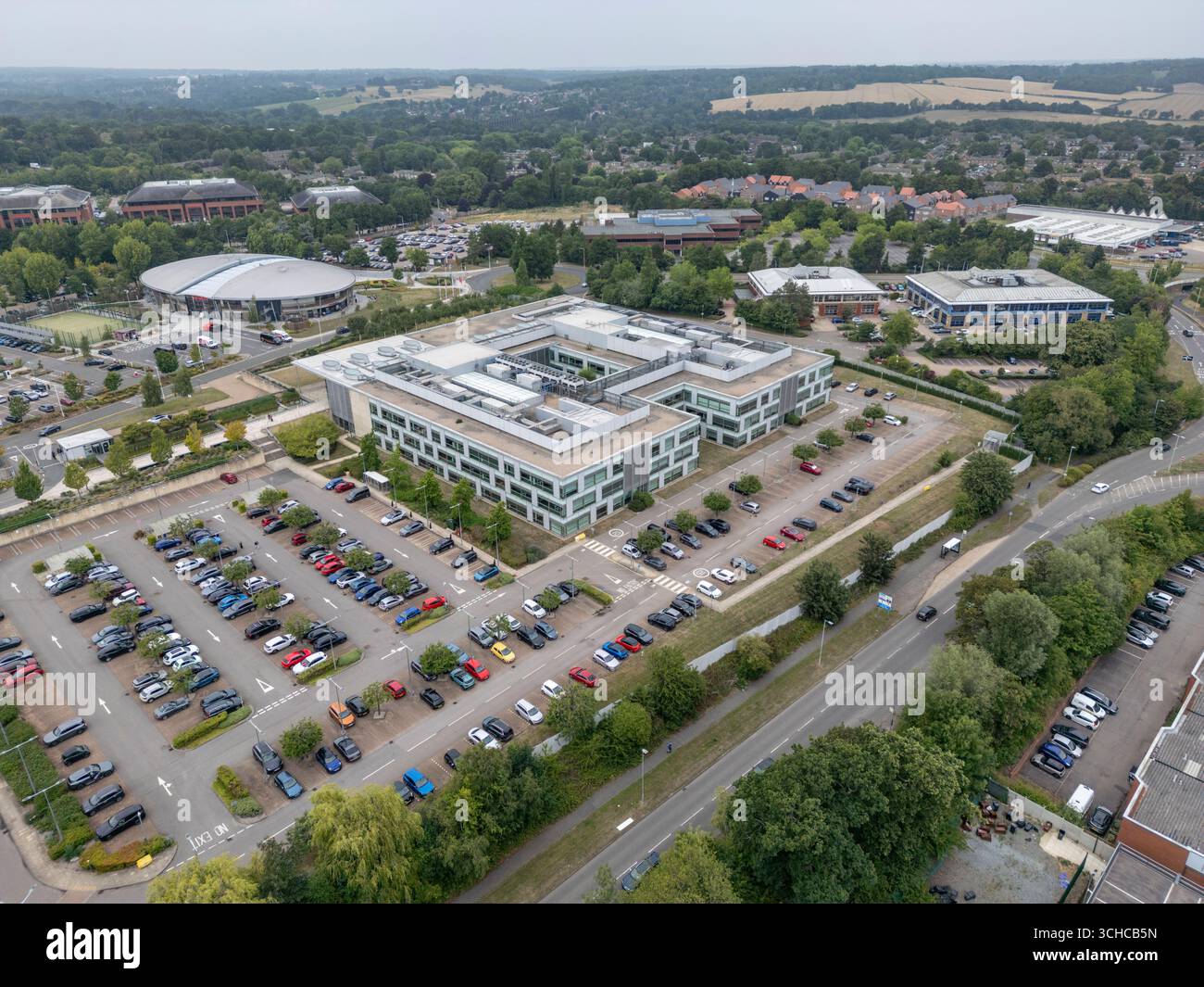 Luftaufnahme von Roche Products Ltd in Welwyn Garden City, Herts, Großbritannien. Stockfoto