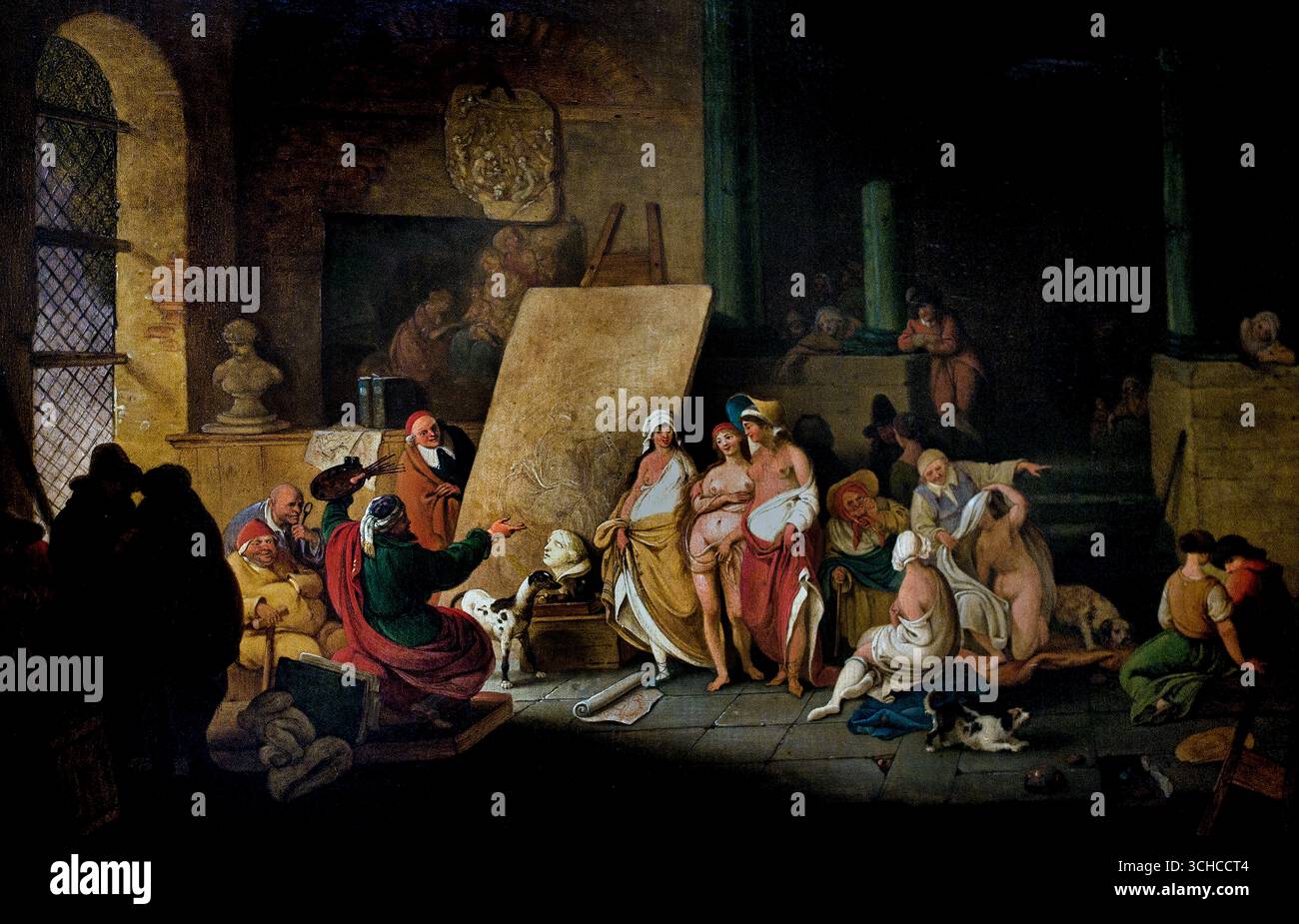 Parodie Zeuxis von Jacques-Albert Senave 1758-1823 Französisches Museum. (Parodie auf Zeuxis, Ein Gemälde, das eine humorvolle Szene darstellt, die von der Geschichte von Zeuxis inspiriert ist, wahrscheinlich mit Künstlern und Models.) Laut der Naturalis Historia von Plinius dem Älteren veranstalteten Zeuxis und sein zeitgenössischer Parrhasius (von Ephesus und später Athen) einen Wettbewerb, um den größeren Künstler zu bestimmen. Stockfoto