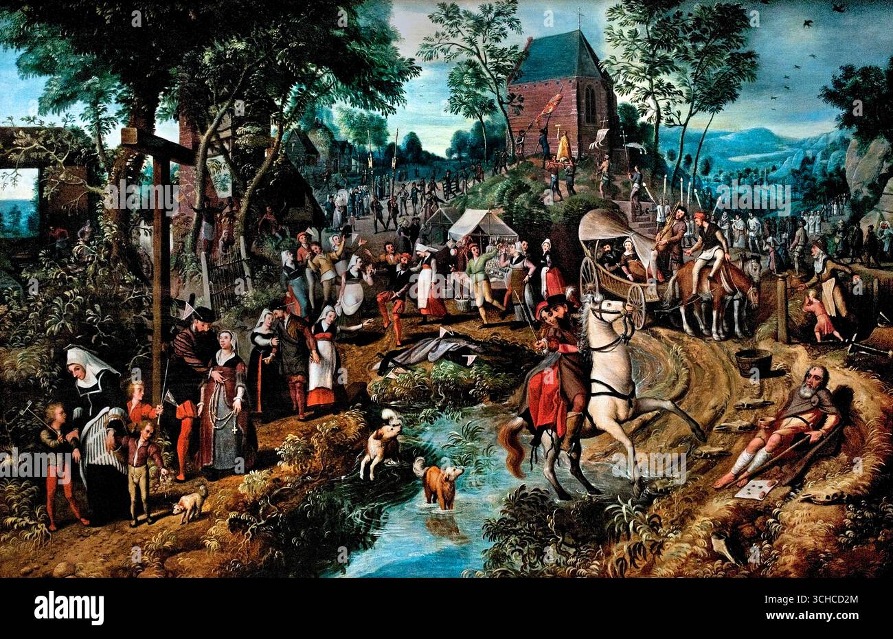 Die Rückkehr des Heiligen Antonius Pilgerfahrt durch Pieter Aertsen 1508–1575 Niederlande. ( Die Wallfahrt des Heiligen Antonius bezieht sich in erster Linie auf den Cammino di Sant'Antonio, oder den Weg des Heiligen Antonius, einen alten Weg in Italien, den die Pilger folgen, der die letzte Reise des Heiligen Antonius von Camposampiero nach Padua im Jahr 1231 nachzeichnet. ) Stockfoto