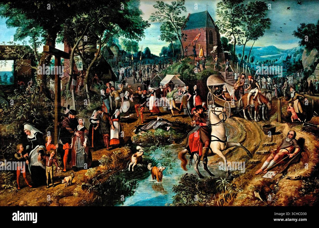 Die Rückkehr des Heiligen Antonius Pilgerfahrt durch Pieter Aertsen 1508–1575 Niederlande. ( Die Wallfahrt des Heiligen Antonius bezieht sich in erster Linie auf den Cammino di Sant'Antonio, oder den Weg des Heiligen Antonius, einen alten Weg in Italien, den die Pilger folgen, der die letzte Reise des Heiligen Antonius von Camposampiero nach Padua im Jahr 1231 nachzeichnet. ) Stockfoto