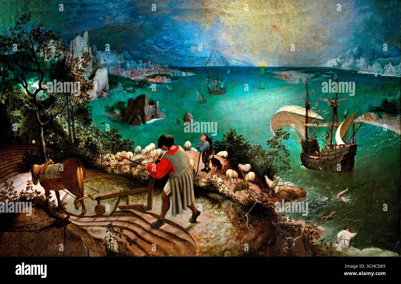 Landschaft mit dem Fall des Ikarus, 1555 Künstler Brueghel, Pieter der ältere 1515-69) ( Icarus zum Beispiel: Wie sich alles ganz gemächlich von der Katastrophe abwendet; der Pflugmann mag das Spritzen, den verlassenen Schrei gehört haben, aber für ihn war es kein wichtiger Fehler; die Sonne schien wie nötig auf den weißen Beinen, die im grünen Wasser verschwanden; und das teure, empfindliche Schiff, das etwas erstaunliches gesehen haben muss, ein Junge, der vom Himmel fiel, hatte einen Ort, an dem man hinkommen konnte, und segelte ruhig weiter.) Stockfoto