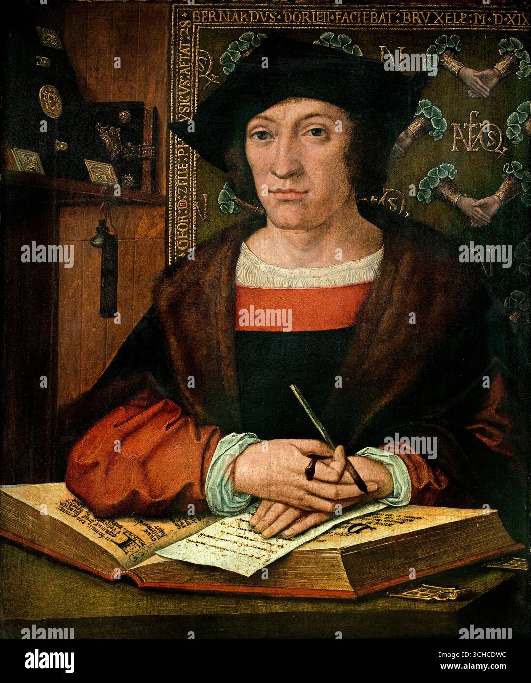 Porträt des Doktors Joris van Zelle von Bernaert van Orley ( Barend van Brussel ) 1491-1542 Flämisch-belgisches Museum Lille Frankreich ( Joris van Zelle, geboren 1491 in Leuven, wo er Medizin studierte. Bereits 1522 wurde er zum Arzt der Stadt Brüssel ernannt, wo er bis 1561 am St. John's Hospital praktizierte. Bernaert van Orley (ca. 1492–1541/42) war eine prominente flämische Renaissance Stockfoto