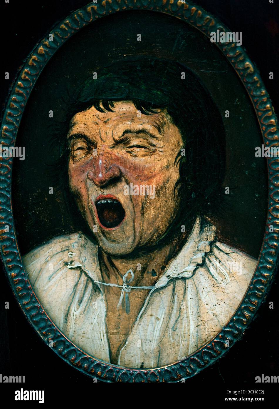 Der Yawner von Pieter i Brueghel I 1527-1569 Flämisch Belgisches Museum Studie eines Gesichts zur Analyse extremer Gesichtsausdrücke. In der Kunsttheorie der Renaissance war die korrekte Wiedergabe von Gesichtsausdrücken eine wichtige künstlerische Anforderung. Zuvor versuchten Bruegel-Experten, das Gähnegesicht als Allegorie für Sloth zu interpretieren. Diese Sünde wurde allgemein als „Teufelskissen“ bezeichnet. Die Art der Arbeitsethik, die in diesem Ausdruck dargestellt wird, war weit von einem fremden Konzept für die vorkapitalistische Mittelklassengesellschaft des 16. Jahrhunderts entfernt. Satirische Bilder von Bettlern und anderen. Stockfoto