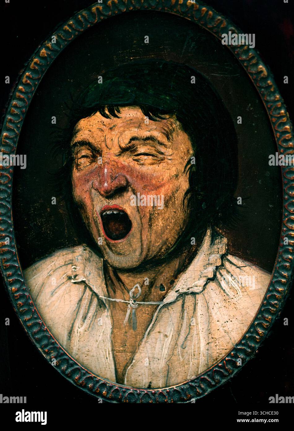 Der Yawner von Pieter i Brueghel I 1527-1569 Flämisch Belgisches Museum Studie eines Gesichts zur Analyse extremer Gesichtsausdrücke. In der Kunsttheorie der Renaissance war die korrekte Wiedergabe von Gesichtsausdrücken eine wichtige künstlerische Anforderung. Zuvor versuchten Bruegel-Experten, das Gähnegesicht als Allegorie für Sloth zu interpretieren. Diese Sünde wurde allgemein als „Teufelskissen“ bezeichnet. Die Art der Arbeitsethik, die in diesem Ausdruck dargestellt wird, war weit von einem fremden Konzept für die vorkapitalistische Mittelklassengesellschaft des 16. Jahrhunderts entfernt. Satirische Bilder von Bettlern und anderen. Stockfoto