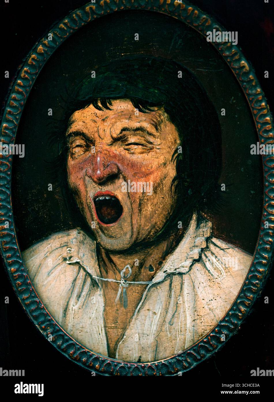 Der Yawner von Pieter i Brueghel I 1527-1569 Flämisch Belgisches Museum Studie eines Gesichts zur Analyse extremer Gesichtsausdrücke. In der Kunsttheorie der Renaissance war die korrekte Wiedergabe von Gesichtsausdrücken eine wichtige künstlerische Anforderung. Zuvor versuchten Bruegel-Experten, das Gähnegesicht als Allegorie für Sloth zu interpretieren. Diese Sünde wurde allgemein als „Teufelskissen“ bezeichnet. Die Art der Arbeitsethik, die in diesem Ausdruck dargestellt wird, war weit von einem fremden Konzept für die vorkapitalistische Mittelklassengesellschaft des 16. Jahrhunderts entfernt. Satirische Bilder von Bettlern und anderen. Stockfoto
