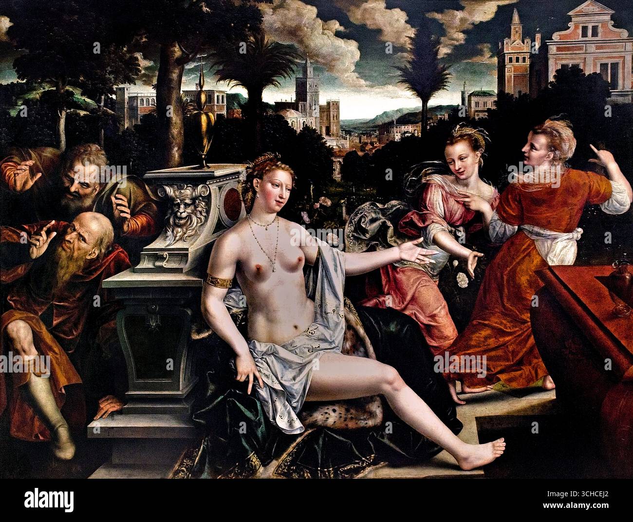 Susanna und die Ältesten 1564 Jan Matsys ( Massys Metsys Matsijs) 1510–1575 Flämisch-belgisches Belgien ( Hebräische Frau fälschlicherweise wegen Ehebruchs von zwei Richtern angeklagt, nachdem sie ihre Annäherungen abgelehnt hatte). Jan Matsys oder Jan Massijs (* 1510–8. Oktober 1575) war ein flämischer Renaissance-Maler, der für seine Geschichtsbilder, Genreszenen und Landschaften bekannt war. Stockfoto