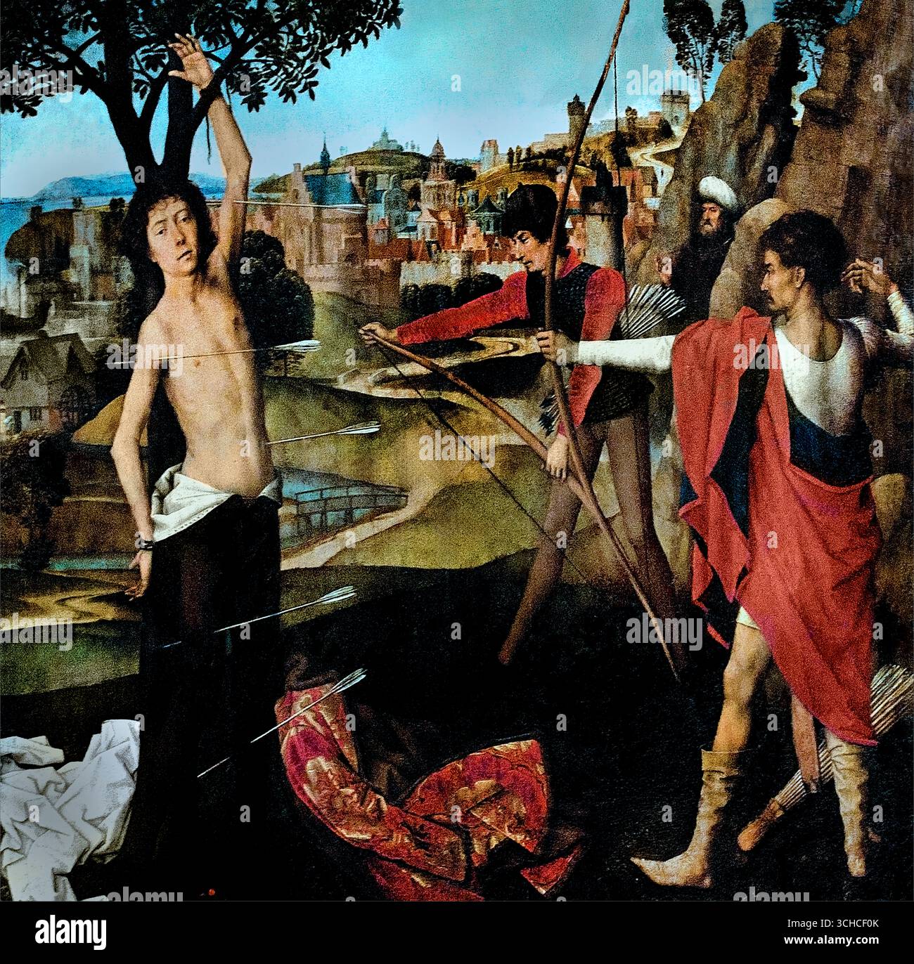 Das Martyrium von St. Sebastian 1475 Hans Memling ( Memlinc ) 1430–1494 Deutsches Deutschland Museum Lille Frankreich. Hans Memlings das Martyrium von St. Sebastian (um 1475) ist ein Ölgemälde der nördlichen Renaissance, das das Martyrium des römischen Soldaten für seinen christlichen Glauben darstellt. Es zeigt Sebastians ruhige Ausdauer trotz Pfeilverletzungen, reiche Details, symbolische Symbolik (wie Pfeile und Palmwedel) und eine ruhige Landschaft. Humanismus und religiöse Hingabe, wobei die Pfeile auch die Pest symbolisieren, machen Sebastian zu einer Figur des Schutzes gegen sie. Stockfoto