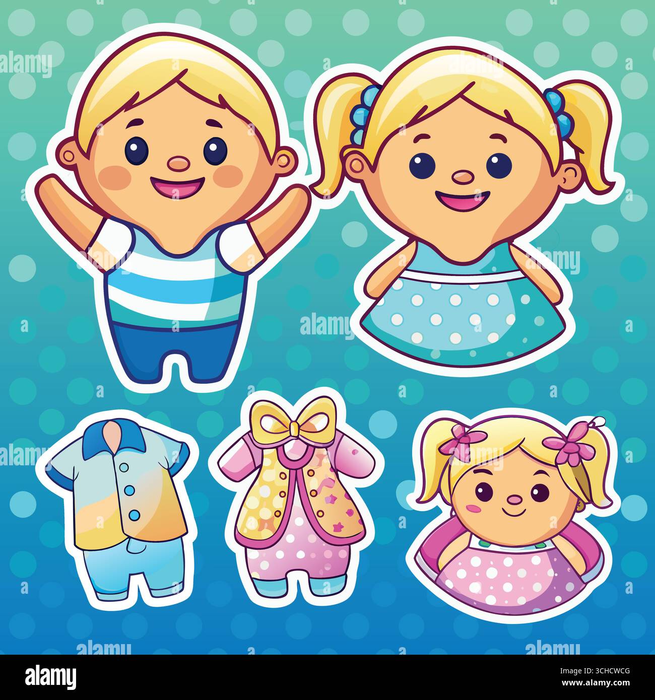 Niedliche bunte Zeichentrickfiguren – fröhliche glückliche Kinder lächelnde Vektor-Illustration mit Polka Dots und lustigen Stickern Stock Vektor
