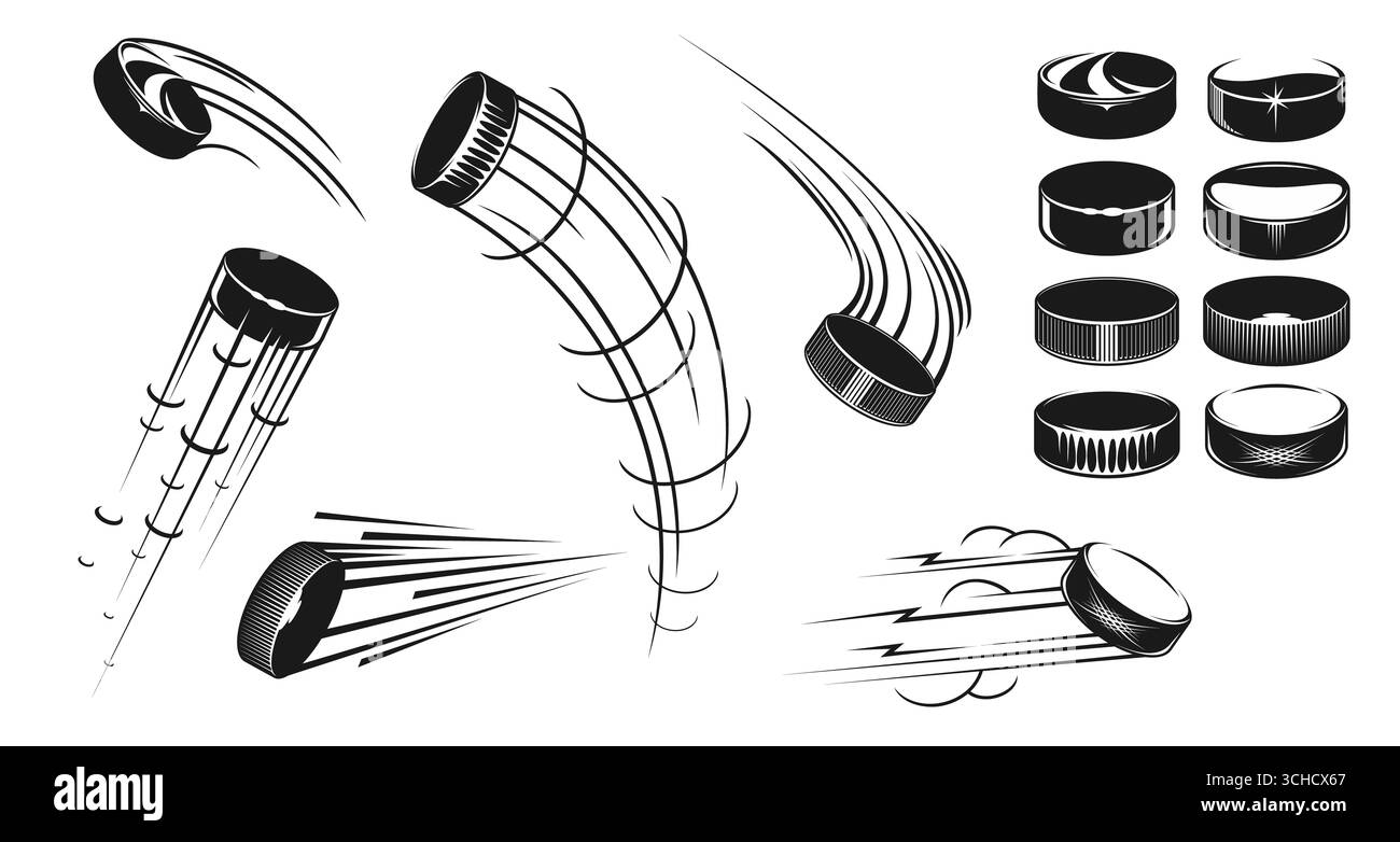 Eishockey Puck-Bewegung mit dynamischen Streifeneffekten, Geschwindigkeitslinien, Drehungen und Energiepfaden, die Sport, rasante Action und Wettkampf betonen. V Stockfoto