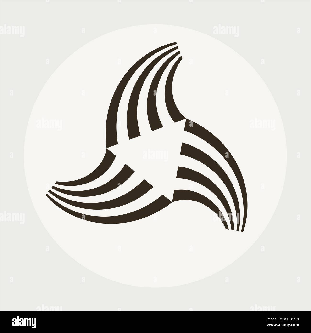 Dreieckiges und wellenförmiges geometrisches Symbol. Ein gleichseitiges Dreieck, das auf jeder Seite geschwungene Äste erzeugt. Ein nützliches Symbol für Branding. Stockfoto