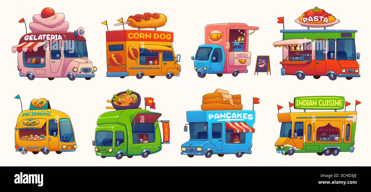 Cartoon Food Trucks, Festival Street Foodtruck Transporter mit Eisdiele, Croissant Patisserie, italienische und indische Küche Restaurants. Vector Fast Food Trucks, Maishund und Pfannkuchenanhänger-Transporter Stock Vektor