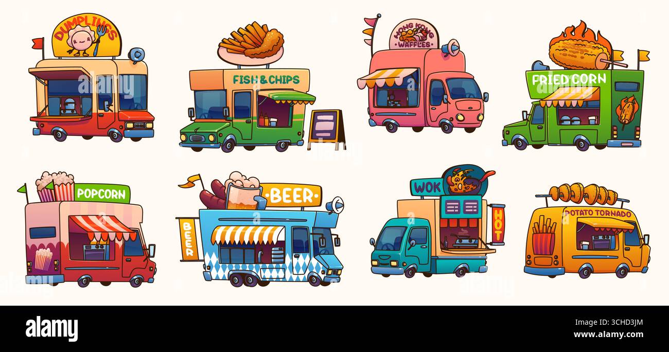 Food Truck Cars, Festival Street Foodtruck Transporter mit Comic Popcorn, Knödel, Wok und Bier Getränkeladen am Rad. Vector Restaurant Food Trucks mit Fish and Chips, gebratenem Mais und Kartoffeltornado Gerichte Stock Vektor