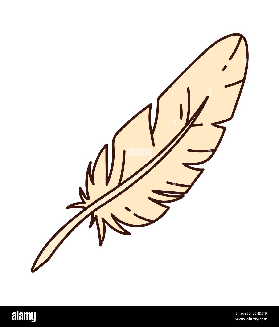 Cartoon-groovige Federfeder, Piraten- und Korsair-Schreibwerkzeug. Vektor-Spiel-Ikone, weiche beige Feder. Antikes, klassisches Vintage-Instrument, Objekt für Fantasy-Abenteuer, Kalligraphie, Kapitänstagebücher oder Karte Stock Vektor