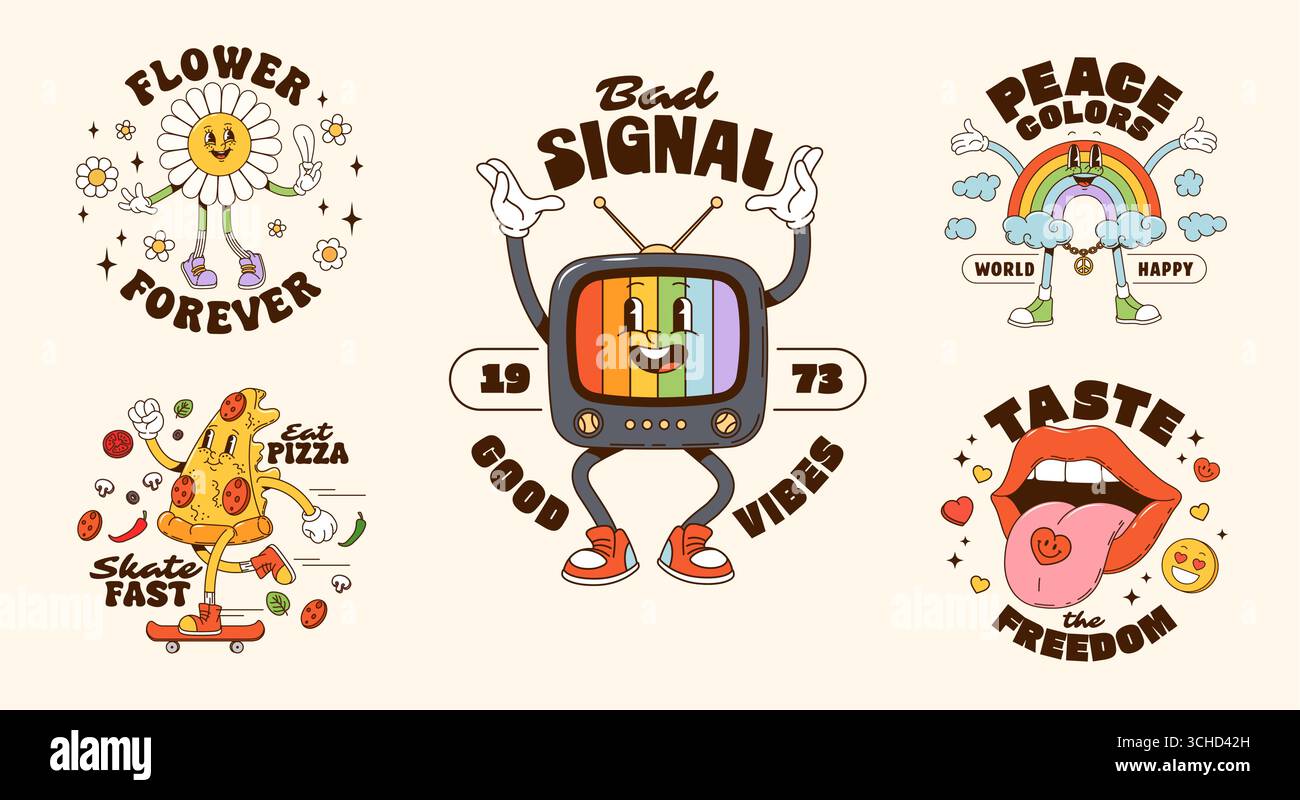 Groovige Zeichentrickfiguren, Hemdmuster und Poster. Vektor skurrile Retro y2k-Figuren wie Pizza, tv, Regenbogen, Blume und Mund, die lustige Botschaften wie Frieden, gute Vibes und Freiheit im Stil der 70er Jahre fördern Stock Vektor