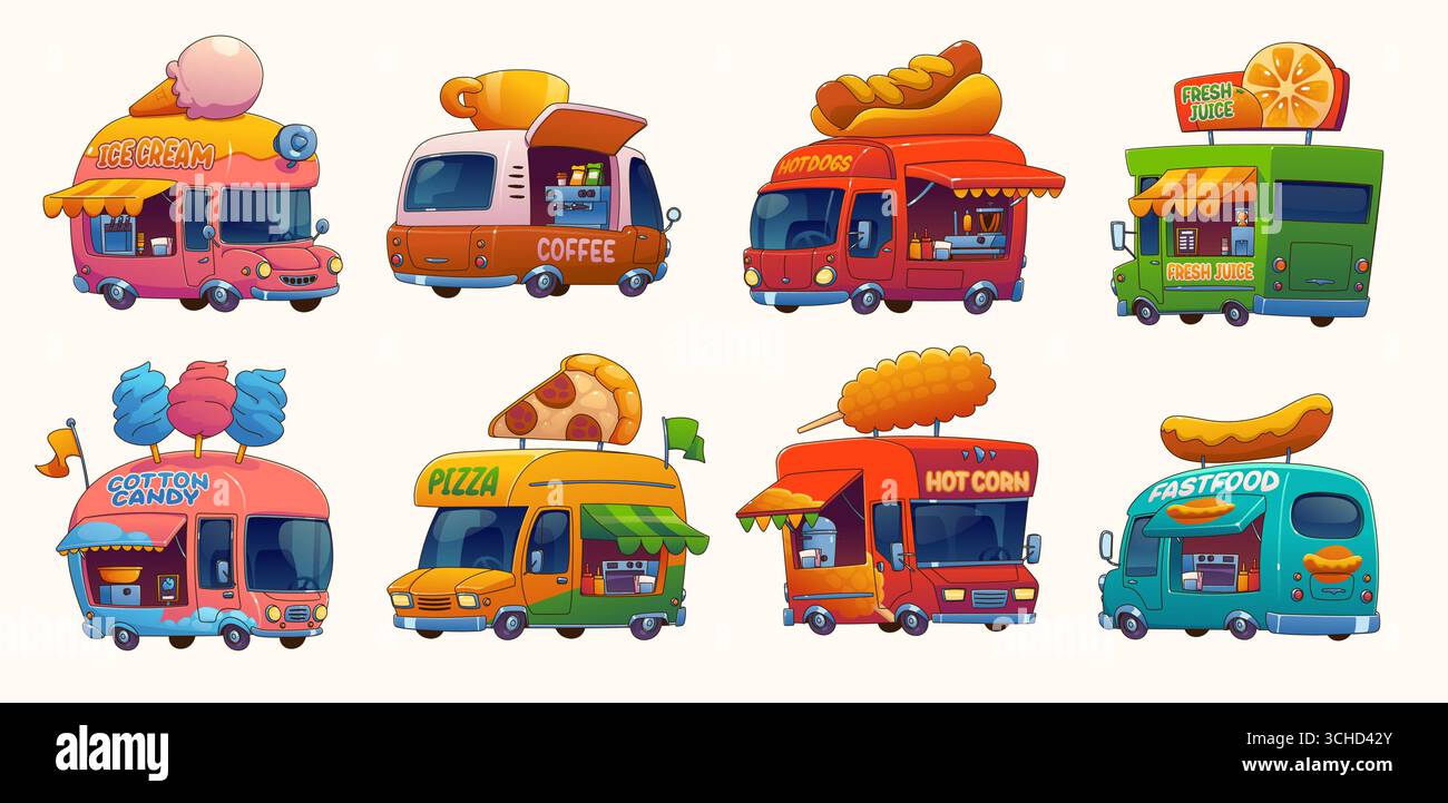 Food Truck Autos, Festival Street Food Truck Vans. Vektoreis, Pizza, Kaffee und Hot Dog, frischer Saft Getränk und Maisläden auf Rädern. Cartoon Fast Food Restaurant Truck und Cotton Candy Food Truck Stock Vektor