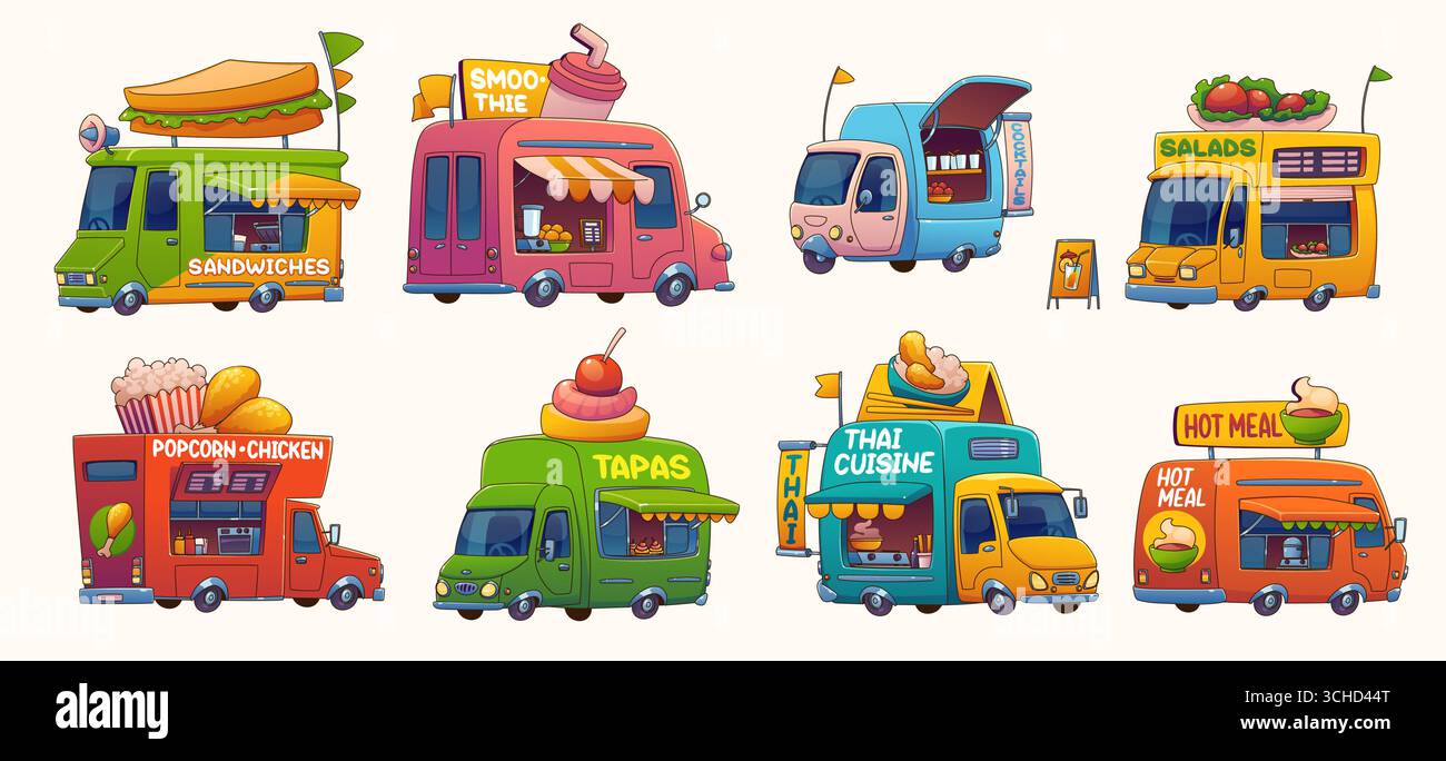 Food Truck Cars, Cartoon Festival Street Foodtruck Vans mit Sandwiches, Salaten und warmen Mahlzeiten. Vektorläden auf Rädern und Restaurantwagen mit Cocktails, Tapas, Smoothie und thailändischen Gerichten Stock Vektor