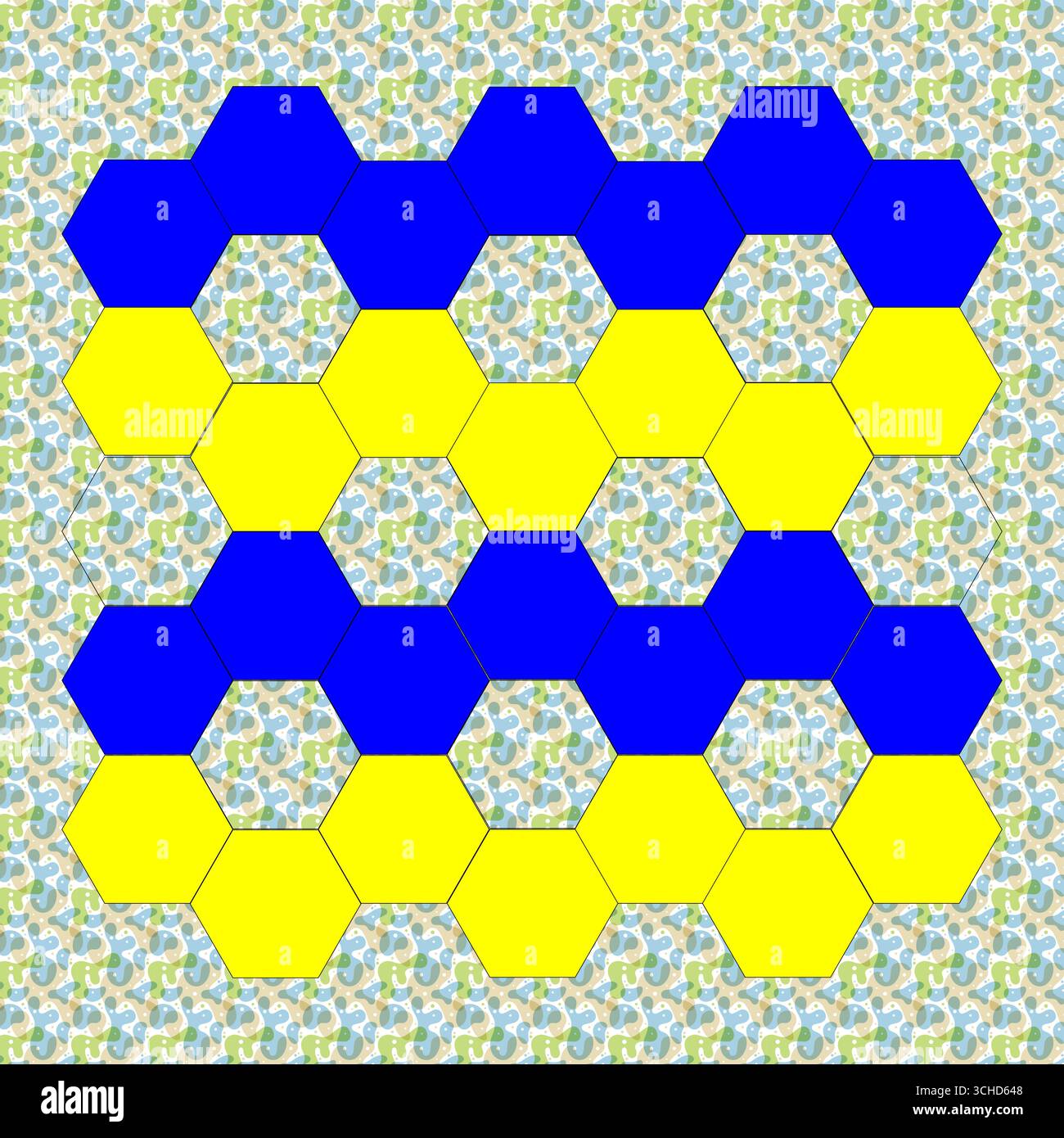 Sechseckiges Kachelmuster. Blaue gelbe Sechsecke. Gitteroberfläche mit Wabenmuster. Geometrische Hintergrundformen. Stock Vektor