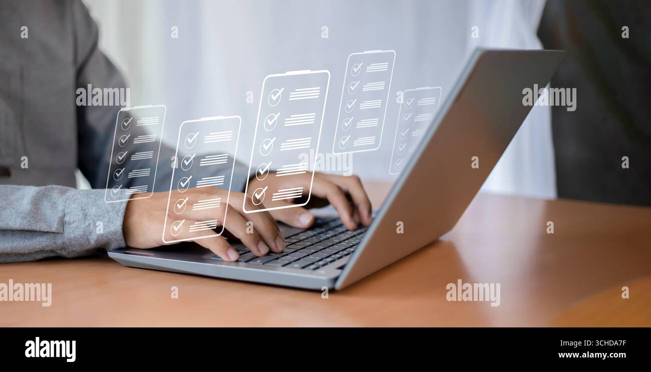 Konzepte und Checklisten für die Verwaltung von Geschäftsdokumenten Datencheckliste, Geschäftsentwicklung Stockfoto