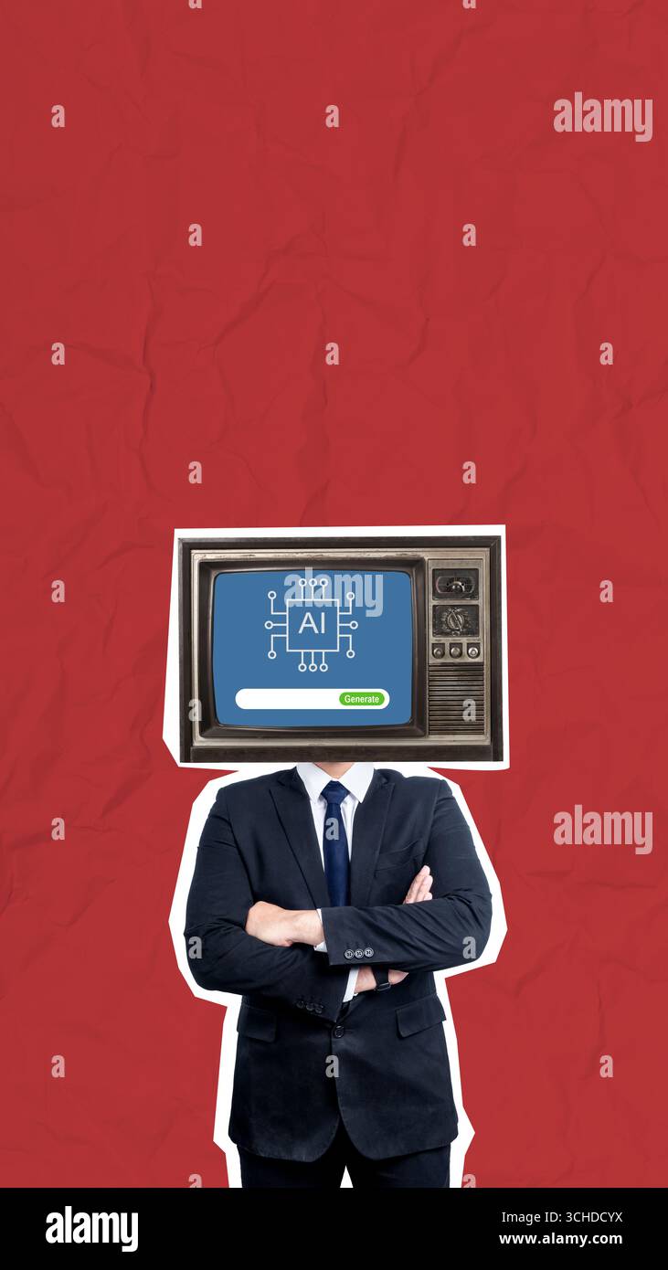 Geschäftsmann mit einem Fernsehkopf mit einem KI-Symbol auf dem Bildschirm mit farbigem Hintergrund. Collagekunst der Generativen Künstlichen Intelligenz Stockfoto