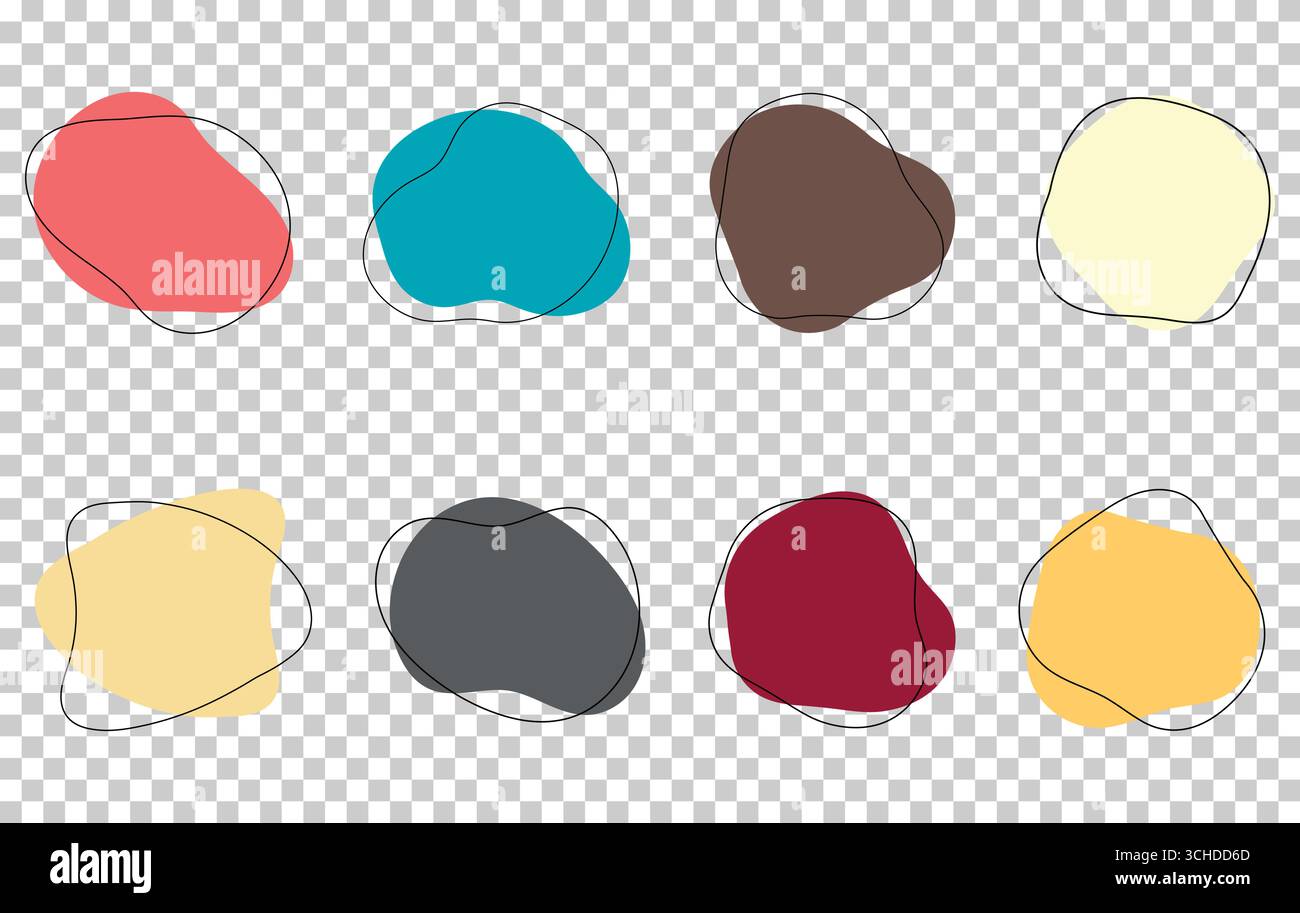 Organische Amöben-Blob-Form abstrakte Farbe mit Linienvektor-Illustration isoliert auf transparentem Hintergrund. Satz unregelmäßiger runder Fleckform-grafischer Elemente. Doodle Drops mit umrissenen Kreisen. Stock Vektor