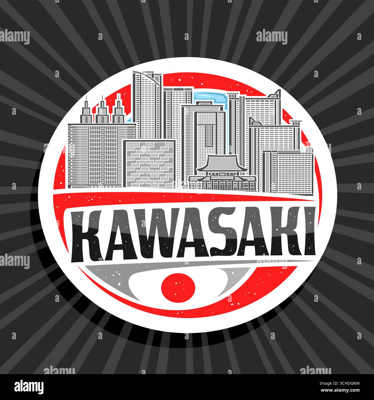 Vektor-Logo für Kawasaki, weißes geschliffenes Papierschild mit Umrissillustration der berühmten kawasaki-Stadtlandschaft auf Tageshimmel-Hintergrund, Kunstdesign-Kühlschrank Stock Vektor