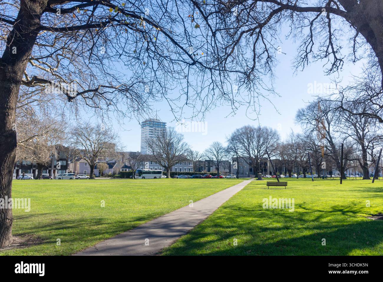 Latimer Square im Winter, Hereford Street, Christchurch Central City, Christchurch (Ōtautahi), Region Canterbury, Neuseeland Stockfoto