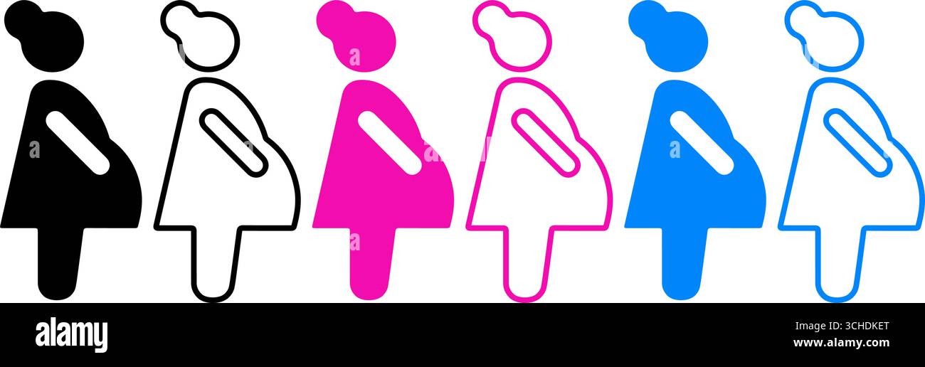 Vektor-Illustration von sechs stilisierten schwangeren Frauen-Ikonen in Schwarz, Rosa und Blau, umrissen und gefüllt. Ideal für Mutterschaft, Gesundheit oder medizinisches Design Stock Vektor