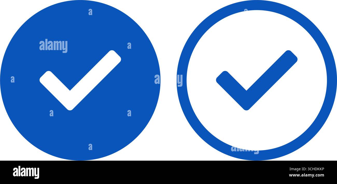 Zwei blaue Vektorsymbole mit kreisförmigen Häkchen, eines ausgefüllt und eines umrissen, für Benutzeroberflächenelemente und Webdesign-Projekte. Stock Vektor